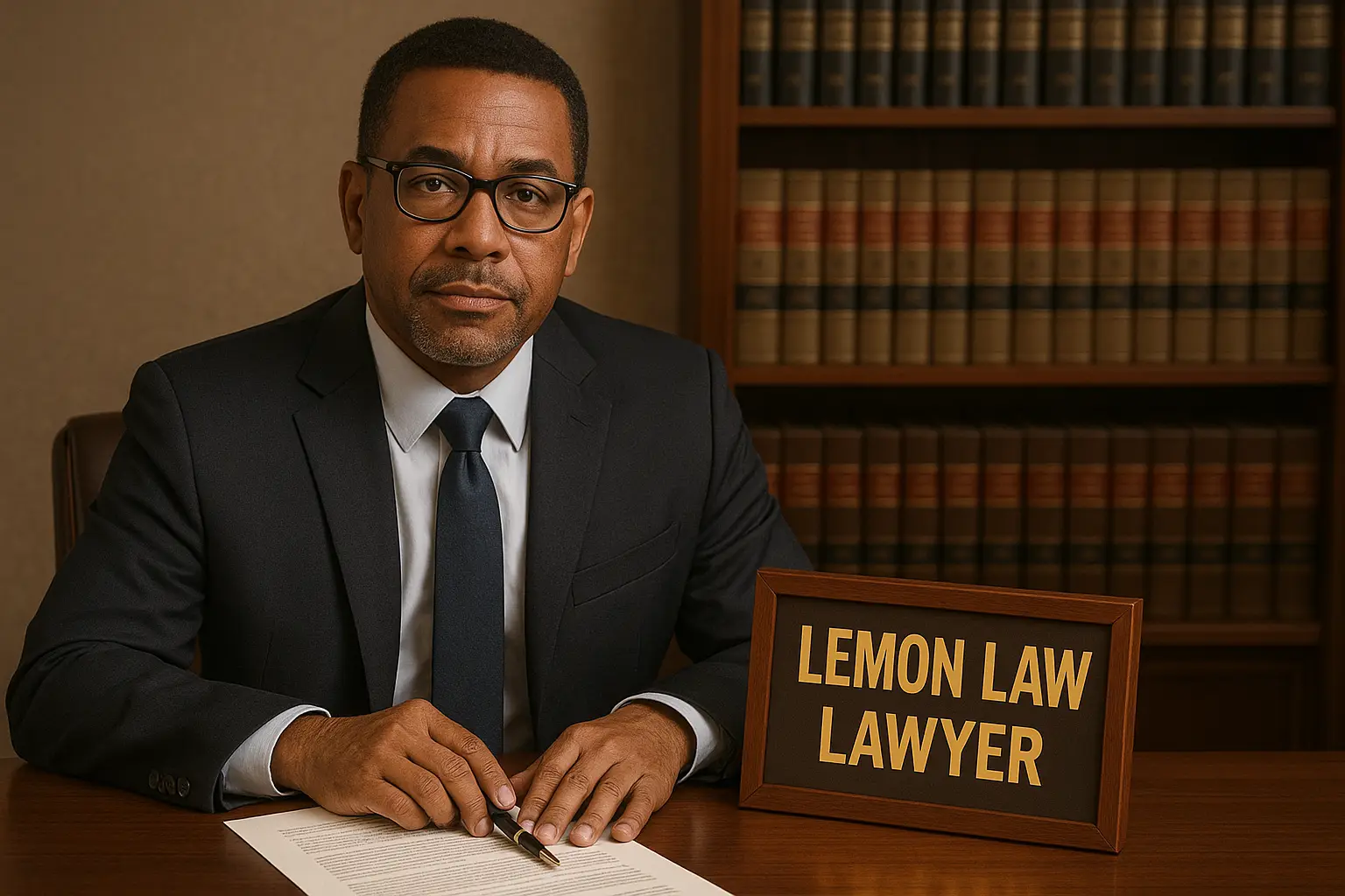 a lawyer seating at his desk with a sign next to him that says lemon law from Lemon Law Lawyer Los Angeles in Beverly Hills, CA - Beverly Hills CA