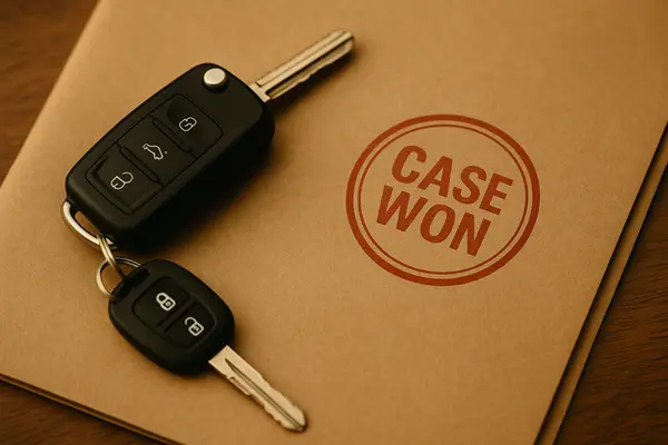 a key set on top of a folder that says case won from Lemon Law Lawyer Los Angeles in Beverly Hills, CA - Beverly Hills CA