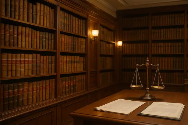 an empty office with bookshelves and the scale of justice on the desktop from Lemon Law Lawyer Los Angeles in Los Angeles, CA - ford lemon law Vehicles