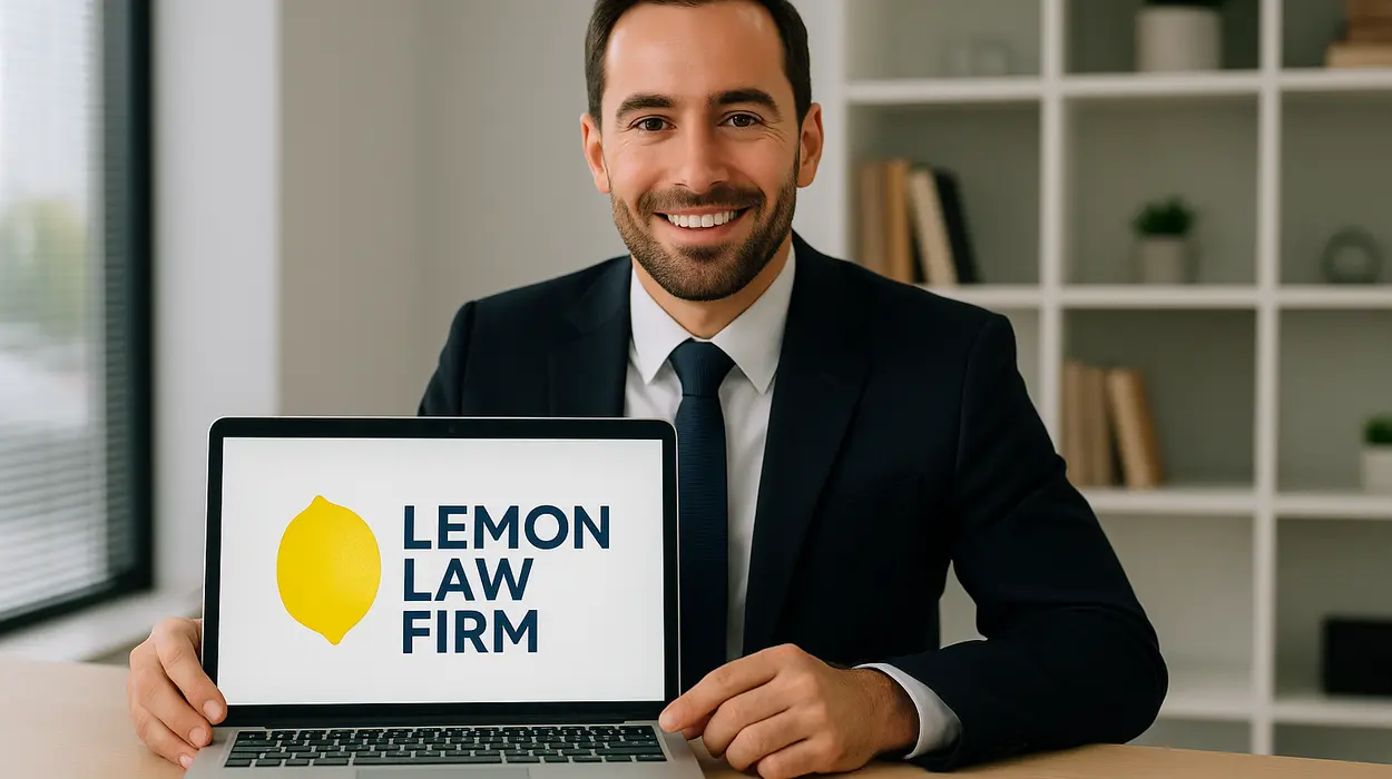a lwayer in his office showing a laptop screen that says lemon law firm from Lemon Law Lawyer Los Angeles in Glendale, CA - Glendale CA