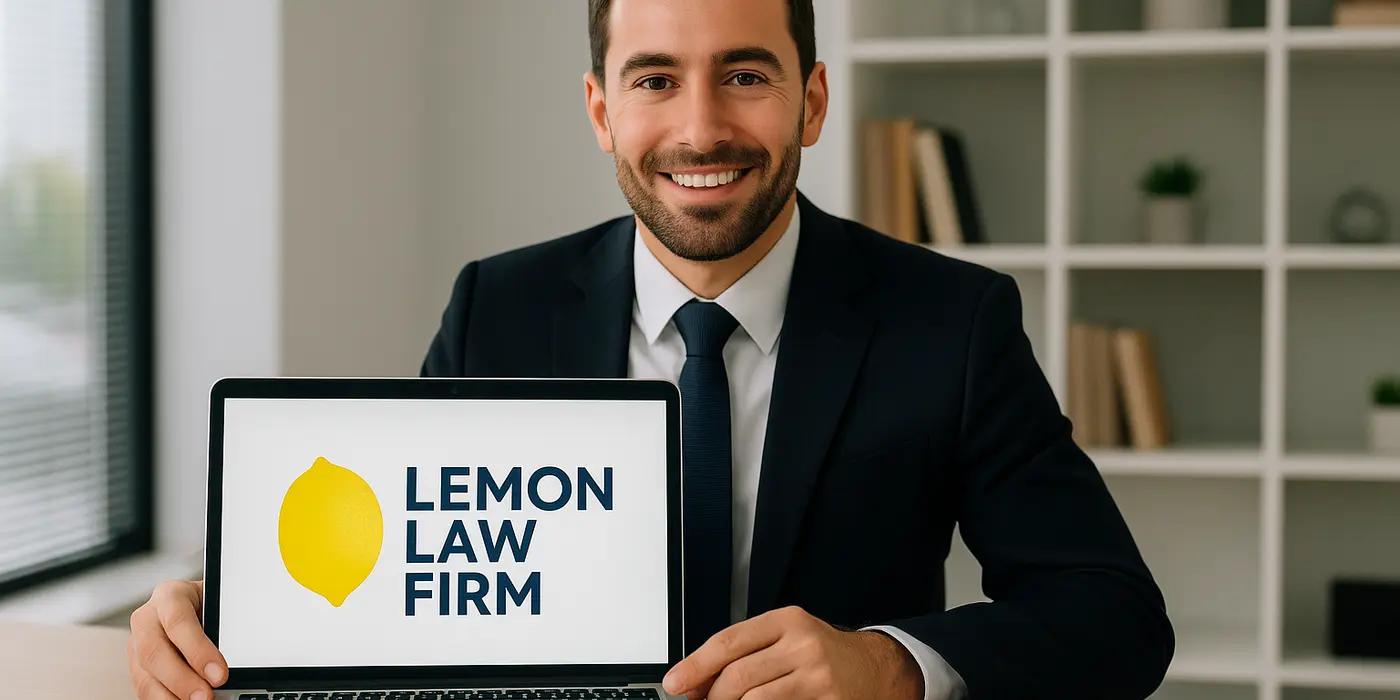 a lwayer in his office showing a laptop screen that says lemon law firm from Lemon Law Lawyer Los Angeles in Glendale, CA - Glendale CA