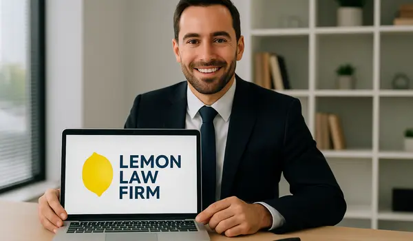 a lwayer in his office showing a laptop screen that says lemon law firm from Lemon Law Lawyer Los Angeles in Glendale, CA - Glendale CA