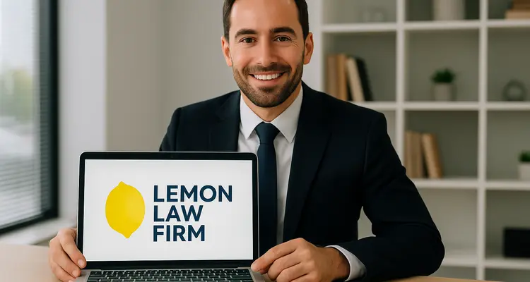 a lwayer in his office showing a laptop screen that says lemon law firm from Lemon Law Lawyer Los Angeles in Glendale, CA - Glendale CA