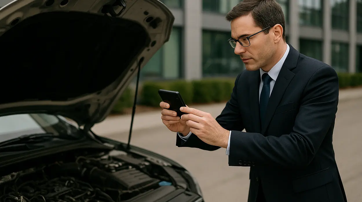 a man taking a picture with his phone under the hood of his lemon car from Lemon Law Lawyer Los Angeles in Los Angeles, CA Lawyer near me