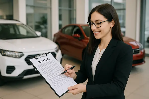a woman representative holding a contract at a car dealership from Lemon Law Lawyer Los Angeles in Los Angeles, CA Lawyer near me a woman representative holding a contract at a car dealership from Lemon Law Lawyer Los Angeles in Los Angeles, CA Lawyer near me
