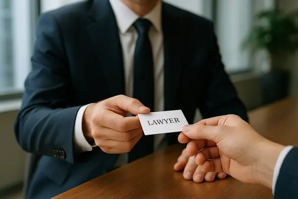 a lawyer handing a man a business card from Lemon Law Lawyer Los Angeles in Los Angeles, CA - lemon case settlement