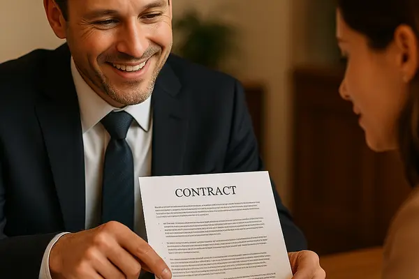 a lemon law lawyer smilig as he shows a contract to a woman from Lemon Law Lawyer Los Angeles in Los Angeles, CA - lemon case settlement