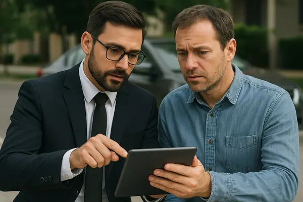 a lawyer with an ipad explaining something to his client from Lemon Law Lawyer Los Angeles in Los Angeles, CA - Lemon Law Litigation