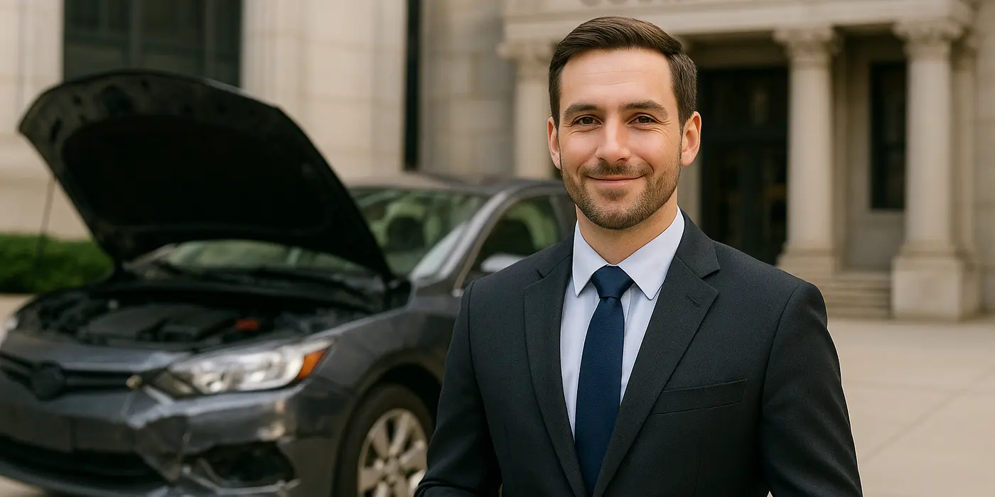 a male lawyer smiling at the camera with a lemon car in the background from Lemon Law Lawyer Los Angeles in Los Angeles, CA - Lemon Vehicles