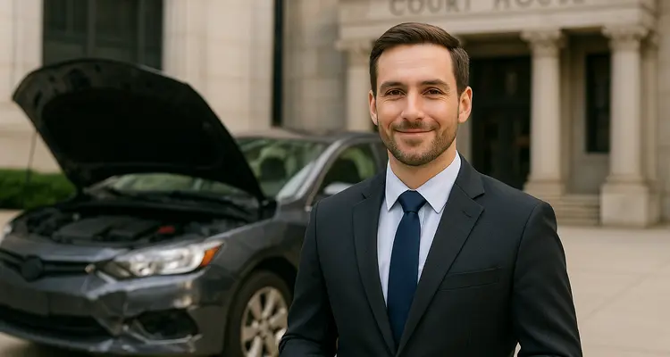 a male lawyer smiling at the camera with a lemon car in the background from Lemon Law Lawyer Los Angeles in Los Angeles, CA - Lemon Vehicles