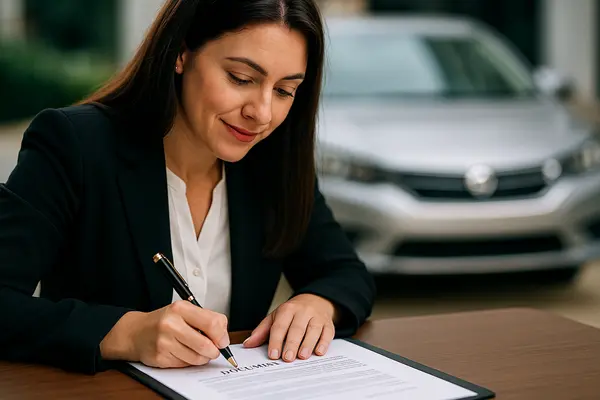 a female representative pointing with a pen to a car sales contract from Lemon Law Lawyer Los Angeles in Los Angeles, CA - Lemon Vehicles