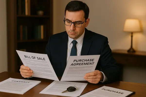 a lemon law lawyer in his office reading a bill of sales and purchase agreement from Lemon Law Lawyer Los Angeles in Los Angeles, CA - Lemon Vehicles