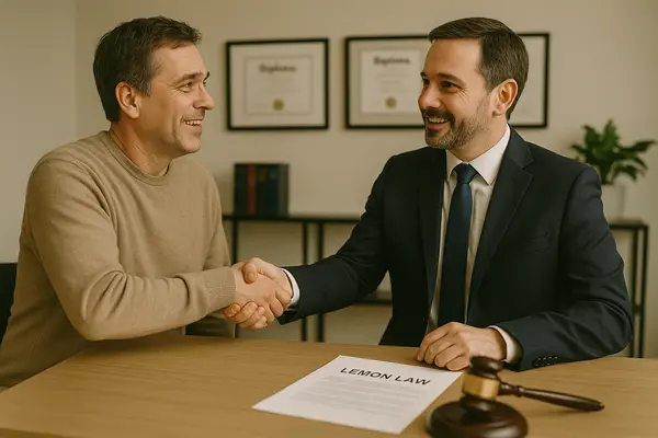 a lemon law lawyer shaking hands with a customer in his office from Lemon Law Lawyer Los Angeles in Los Angeles, CA - Lemon Vehicles