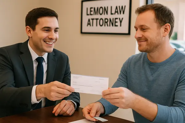 a lemon law lawyer handing a check to his customer after winning his case from Lemon Law Lawyer Los Angeles in Los Angeles, CA - Lemon Vehicles