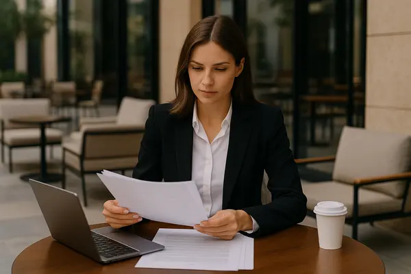 a female lawyer reading a document outside of a coffee place from Lemon Law Lawyer Los Angeles in Long Beach, CA - Long Beach CA