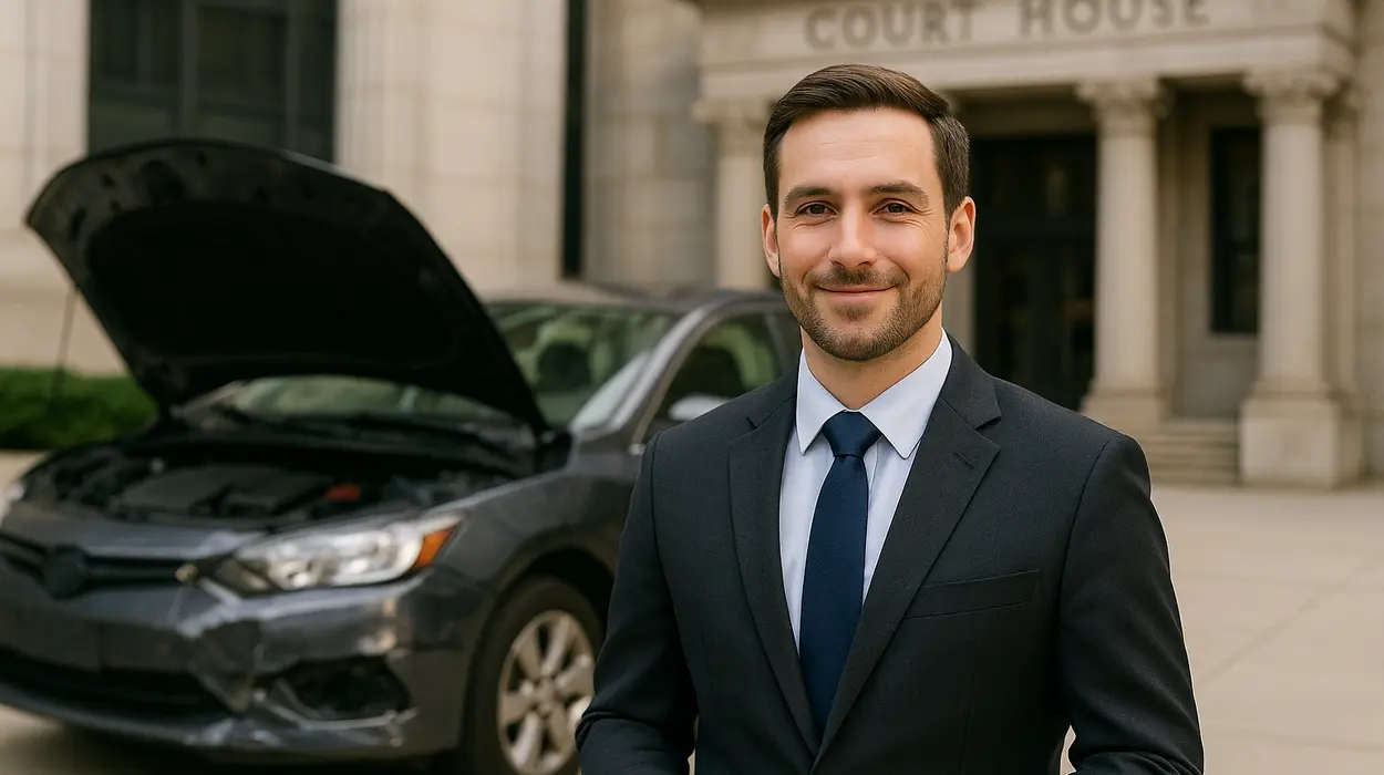 a male lawyer smiling at the camera with a lemon car in the background from Lemon Law Lawyer Los Angeles in Santa Monica, CA - Santa Monica CA