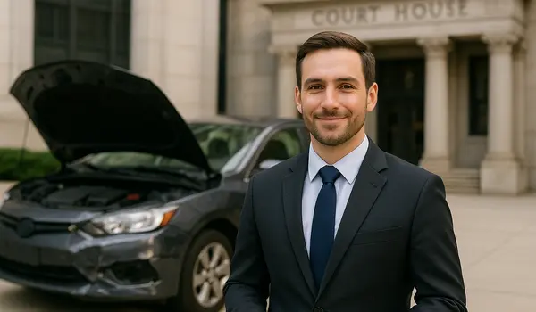 a male lawyer smiling at the camera with a lemon car in the background from Lemon Law Lawyer Los Angeles in Santa Monica, CA - Santa Monica CA